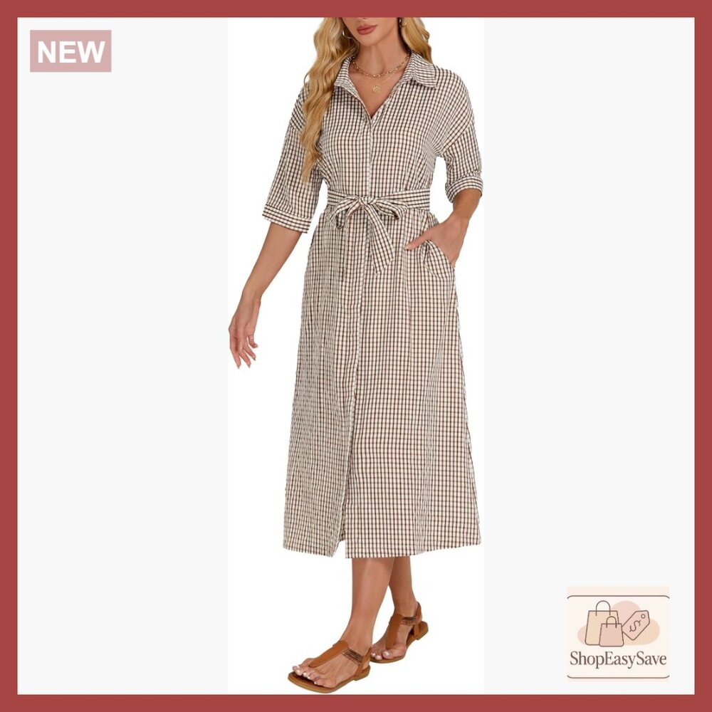 Half Sleeve Plaid Maxi Dress Button Down Casual Loose Belted Gingham Chic